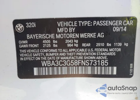 2015 BMW 320I xDrive из США, поврежденный, VIN WBA3C3G58FNS73185